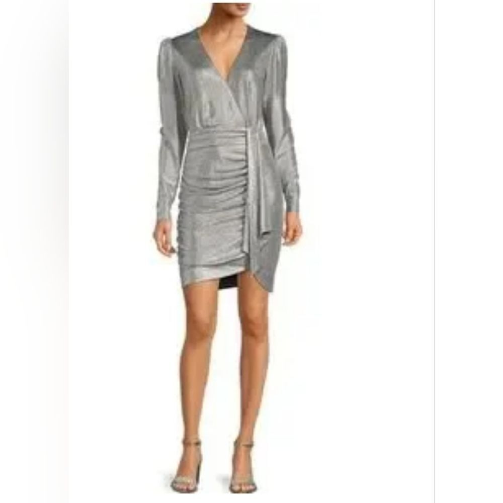 NWT Alex Marie Chrissy Novelty Liquid Silver Faux Wrap Dress Size 2, 4 $168